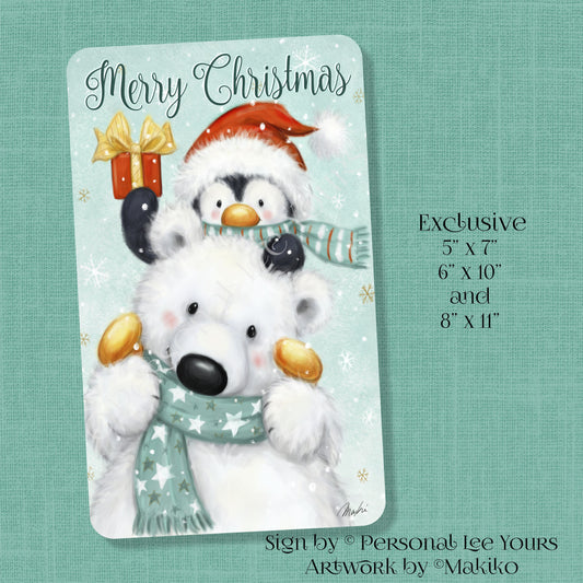 Makiko Exclusive Sign * Merry Christmas Polar Bear and Penguin * 3 Sizes * Lightweight Metal