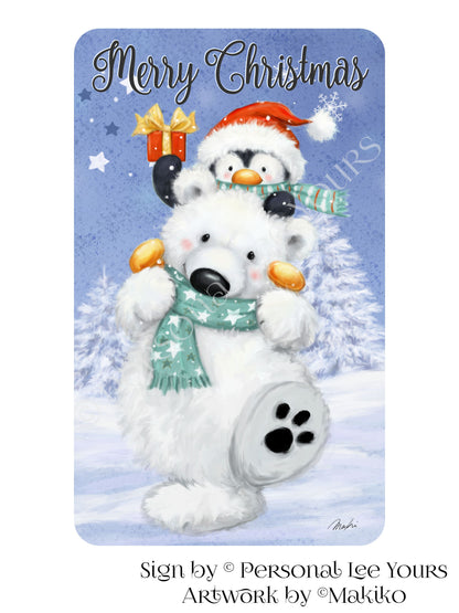 Makiko Exclusive Sign * Merry Christmas Polar Bear and Penguin in the snow* 4 Sizes * Lightweight Metal