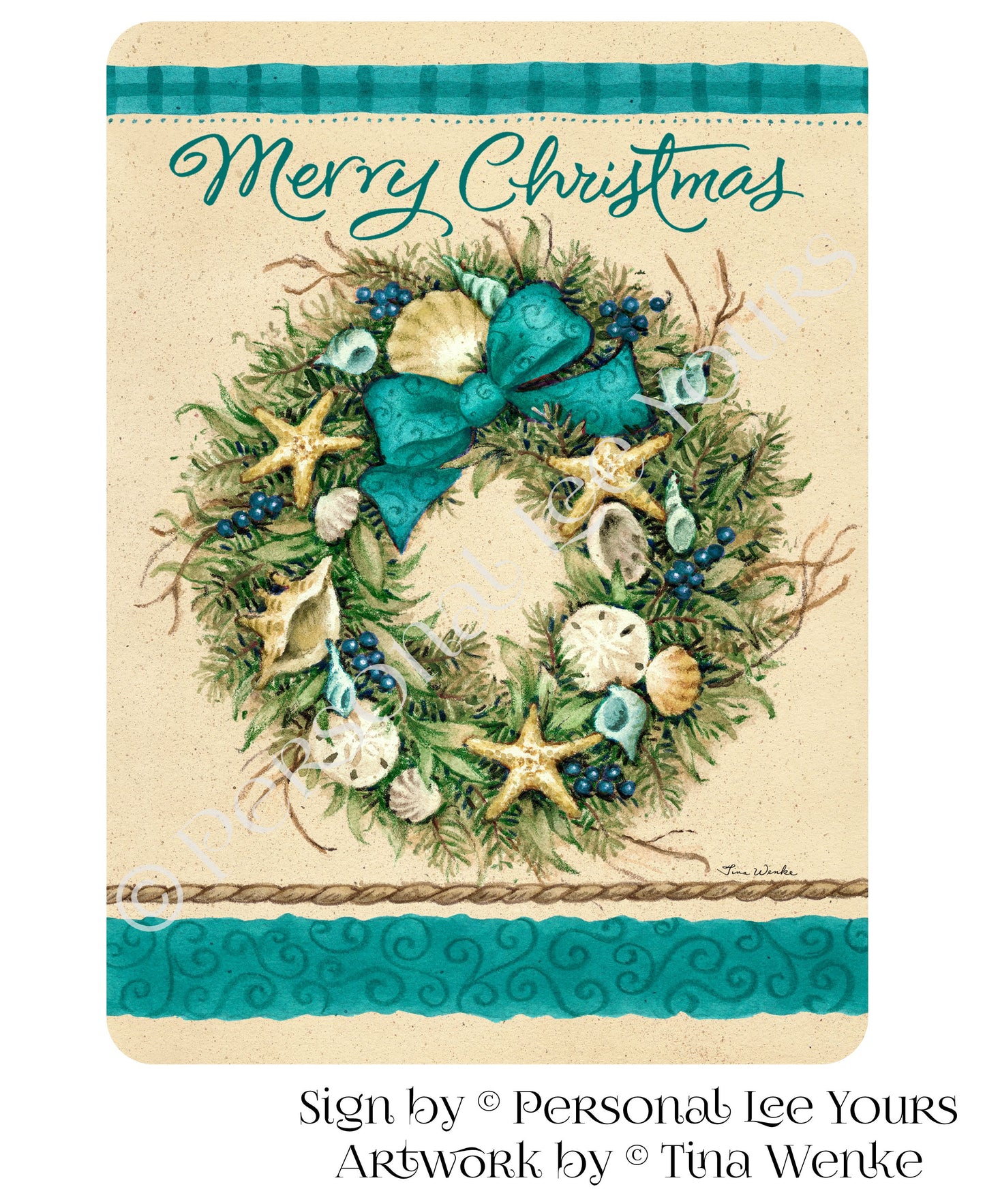 Tina Wenke Exclusive Sign * Coastal Christmas Wreath  * Vertical * 2 Sizes * Lightweight Metal