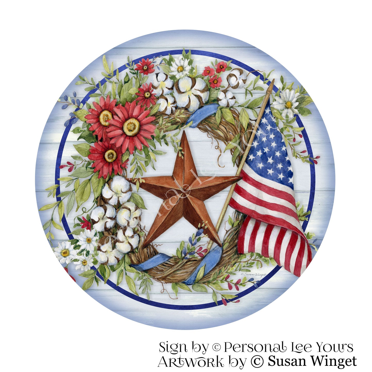 Susan Winget Exclusive Sign * Patriotic Floral Wreath * Round * Lightweight Metal