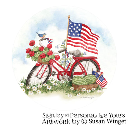 Susan Winget Exclusive Sign * Patriotic Bicycle w/o Border * Round * Lightweight Metal