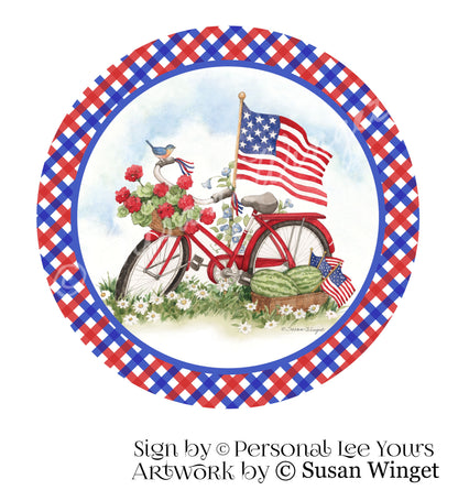 Susan Winget Exclusive Sign * Patriotic Bicycle With Border * Round * Lightweight Metal