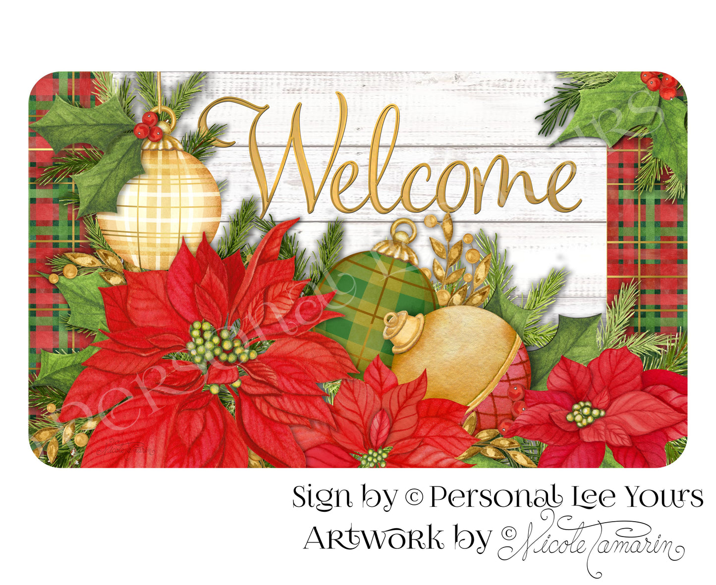 Nicole Tamarin Exclusive Sign * Plaid Christmas * Welcome * Light Background * 3 Sizes * Lightweight Metal