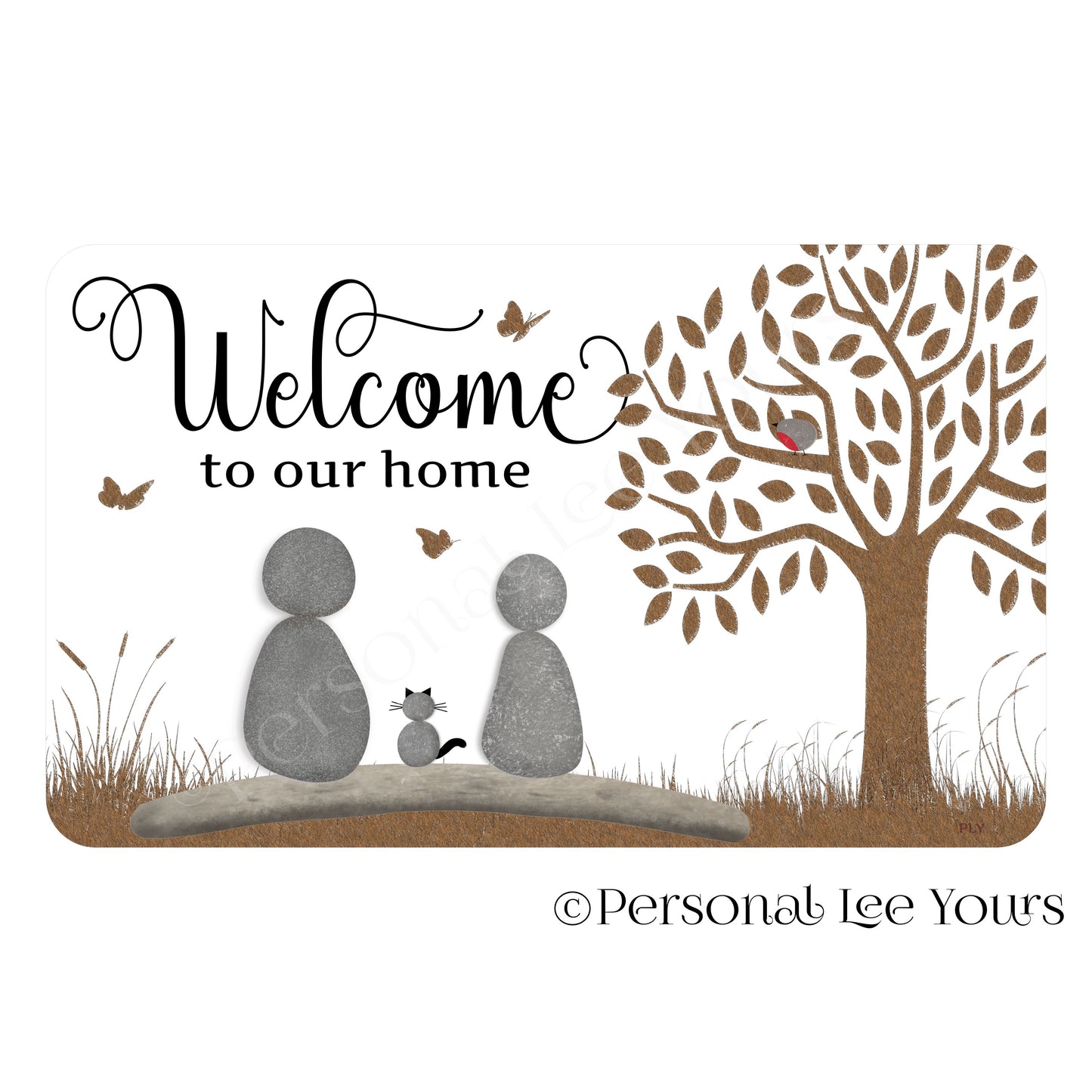 Welcome To Our Home Wreath Sign * Pebble Family of 2 with Cat * Horizontal * 3 Sizes * Lightweight Metal