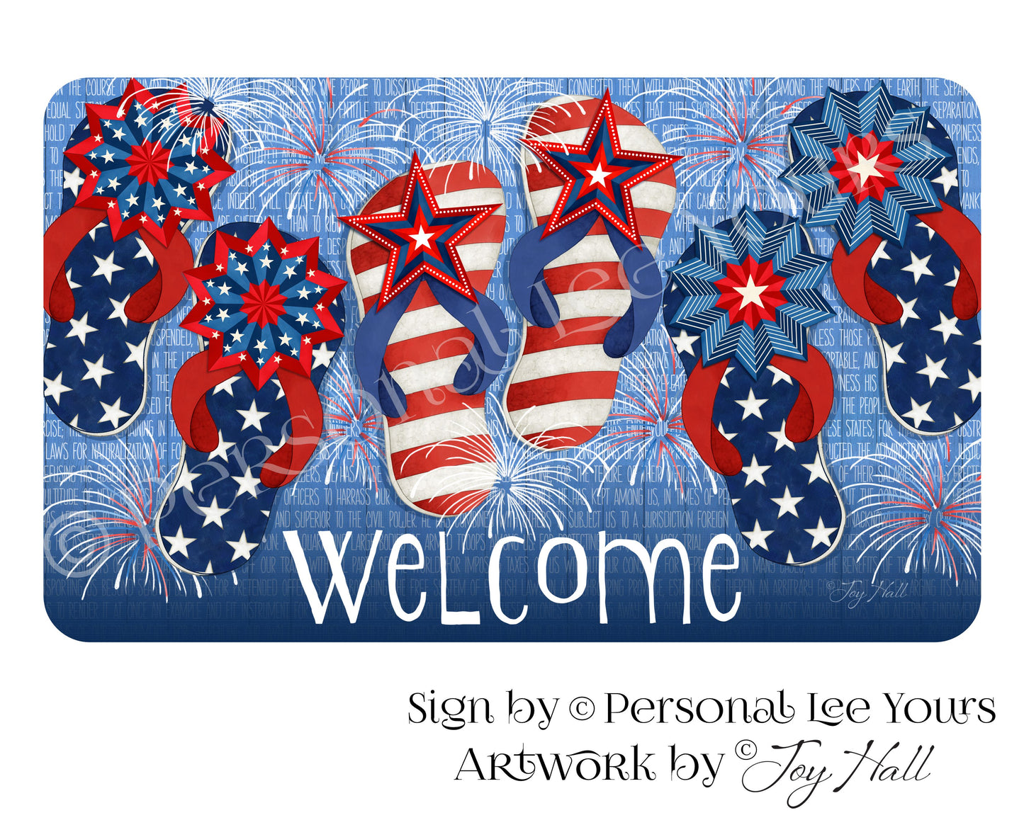 Joy Hall Exclusive Sign * Patriotic Flip Flops * Welcome * Horizontal * 3 Sizes * Lightweight Metal