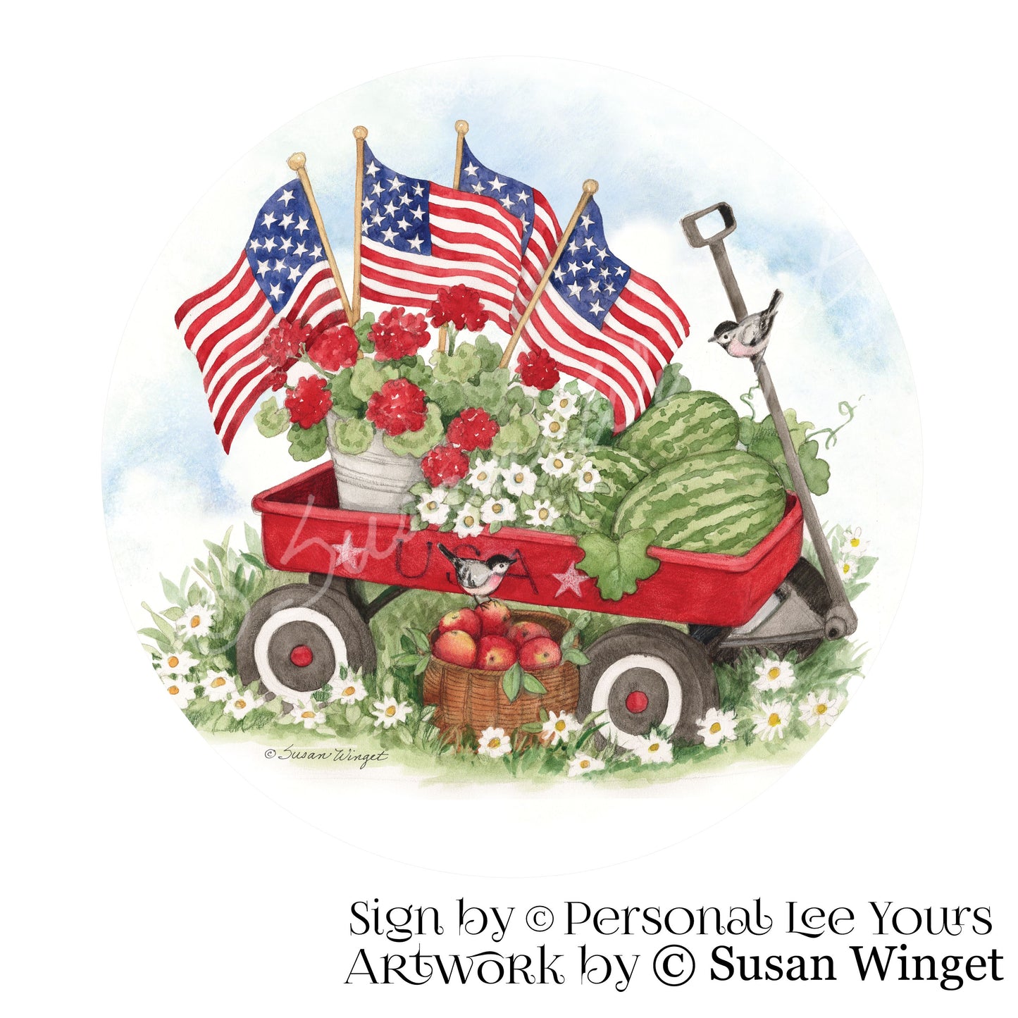 Susan Winget Exclusive Sign * Patriotic Little Red Wagon w/o Border * Round * Lightweight Metal