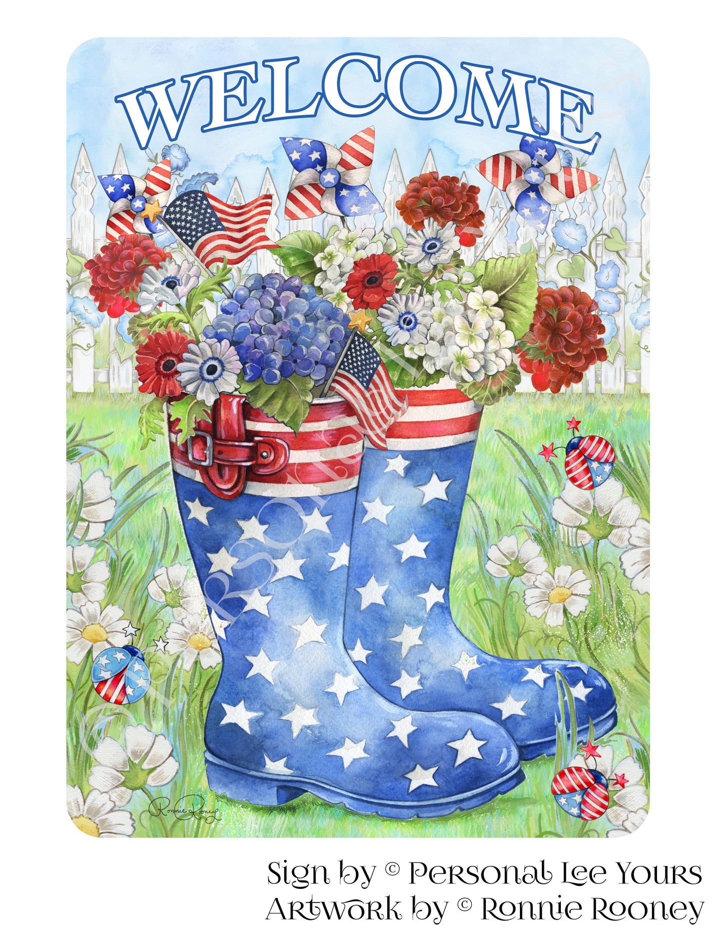 Ronnie Rooney Exclusive Sign * Patriotic Rain Boots Welcome * Vertical * 2 Sizes * Lightweight Metal