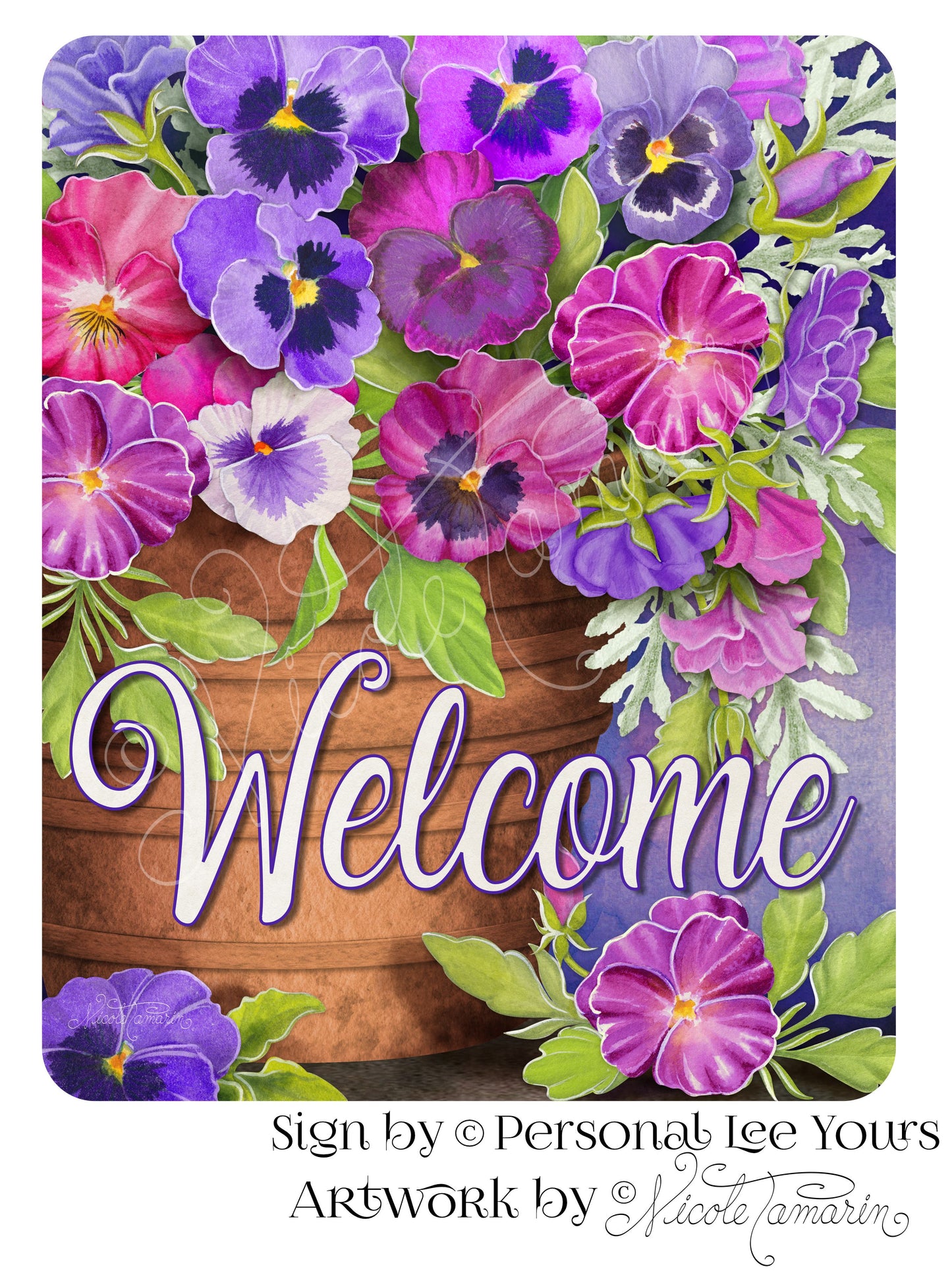 Nicole Tamarin Exclusive Sign * Pansy Welcome * 2 Sizes * Lightweight Metal