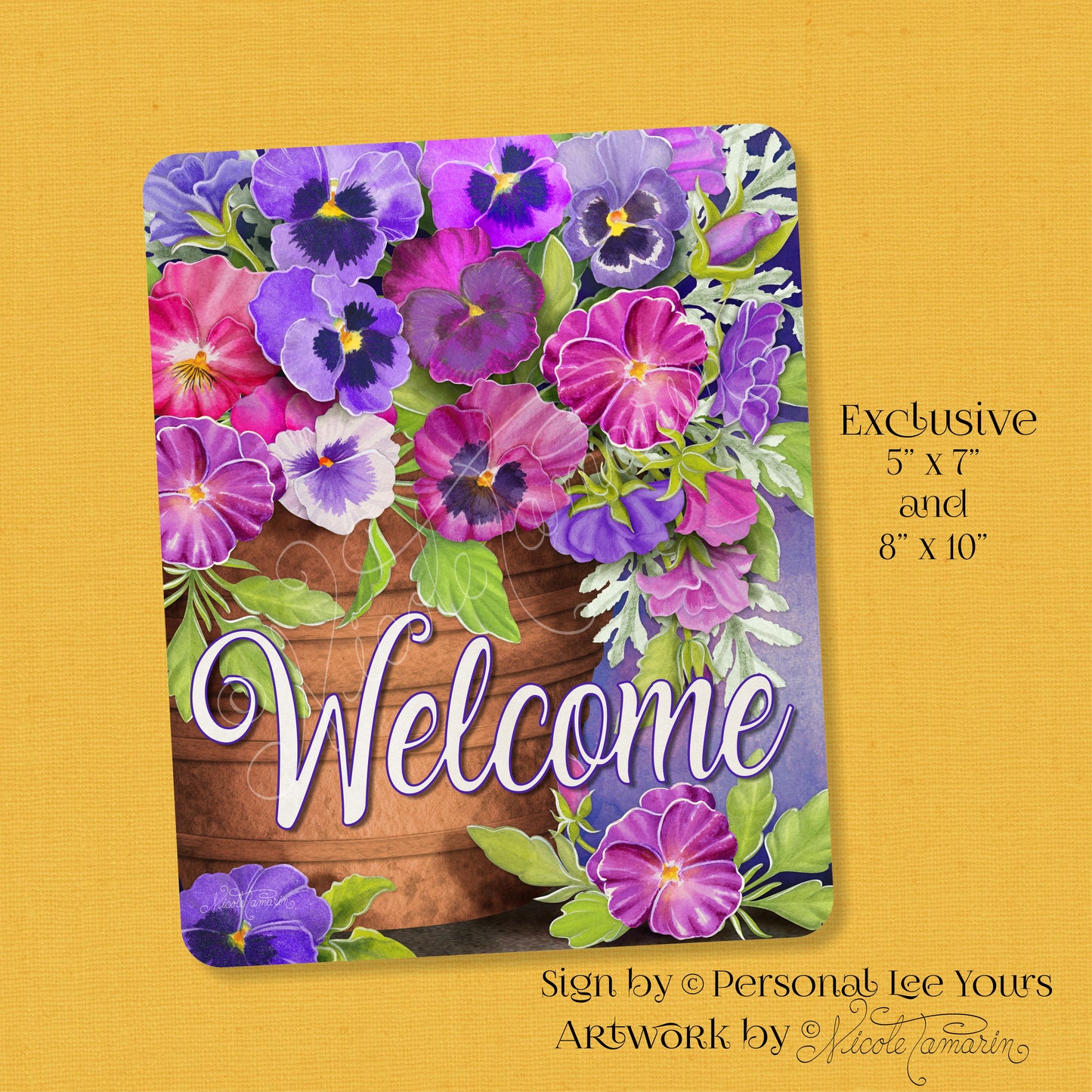 Nicole Tamarin Exclusive Sign * Pansy Welcome * 2 Sizes * Lightweight Metal