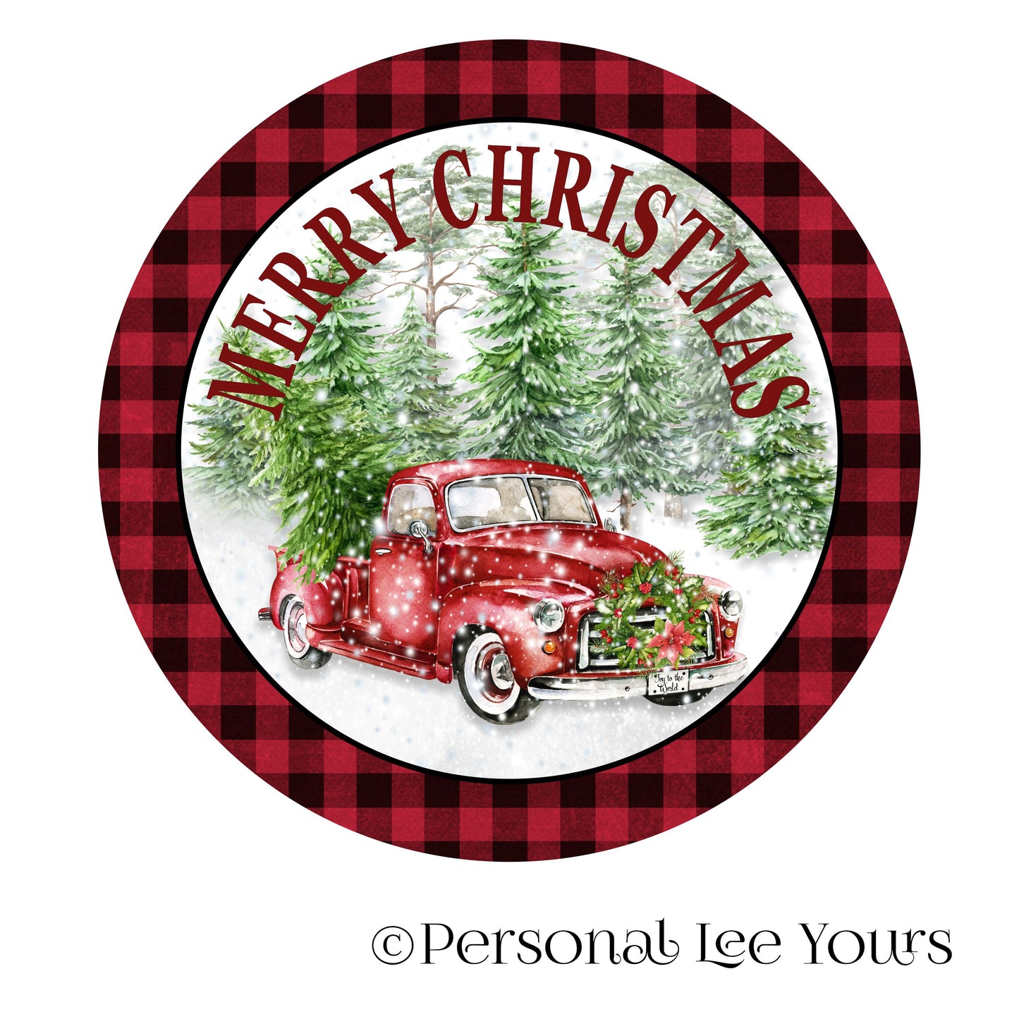 Holiday Wreath Sign * Buffalo Plaid Merry Christmas * Red Truck * Round * Lightweight Metal