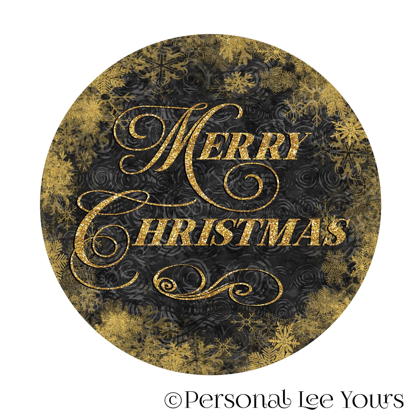 Holiday Wreath Sign * Merry Christmas in Black and Gold * Round * Lightweight Metal