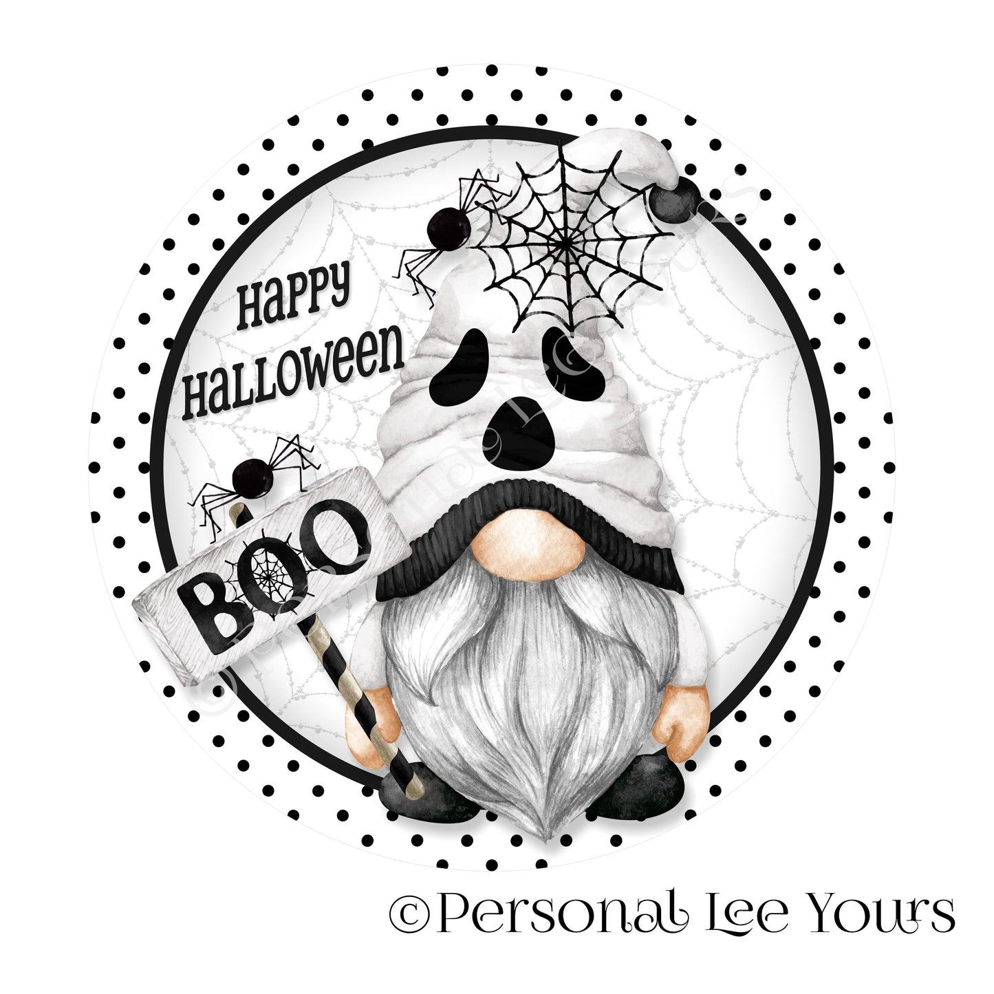 Wreath Sign * Happy Halloween ~ Ghost Gnome * Round * Lightweight Metal