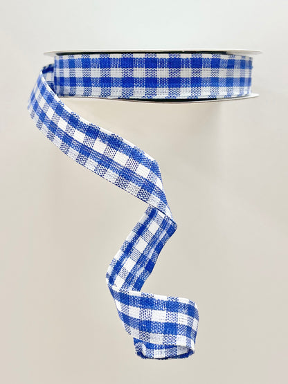 Wired Ribbon * Gingham Check * Royal Blue and White Canvas * 5/8" x 10 Yards * RGE120725