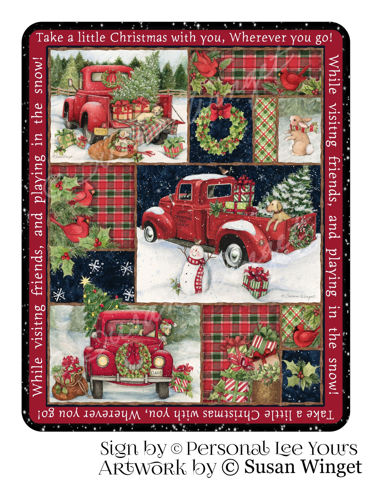 Susan Winget Exclusive Sign * Christmas * Red Truck Collage * 8" x 10" * Lightweight Metal