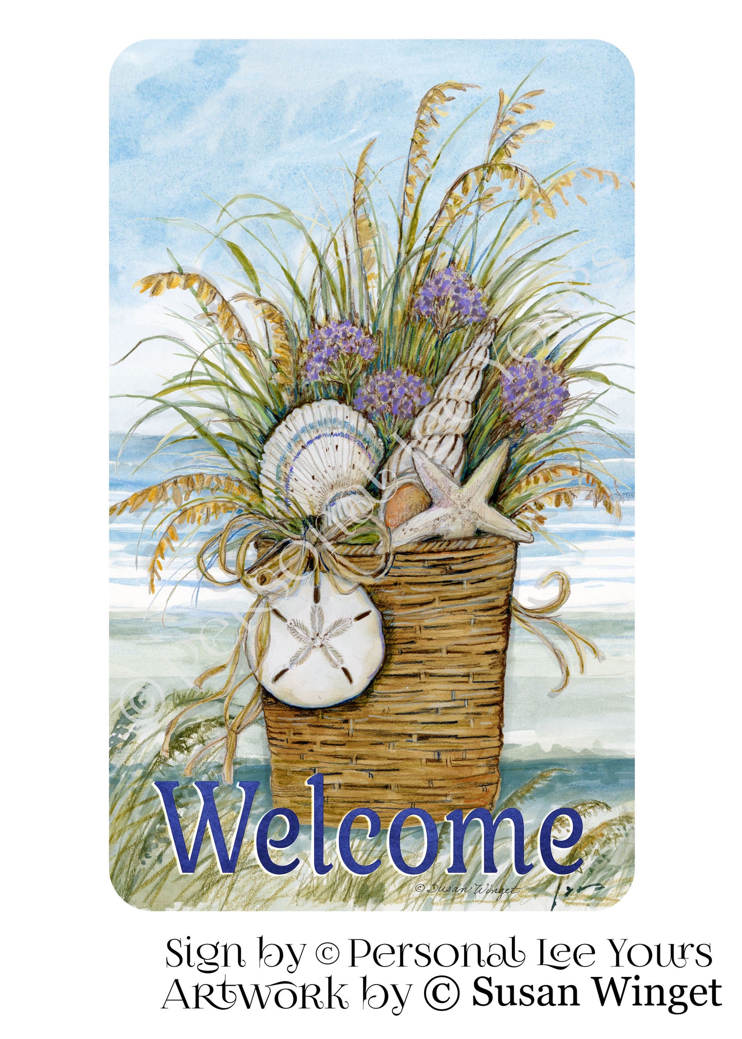 Susan Winget Exclusive Sign * Shell Basket Welcome * Vertical * 3 Sizes * Lightweight Metal