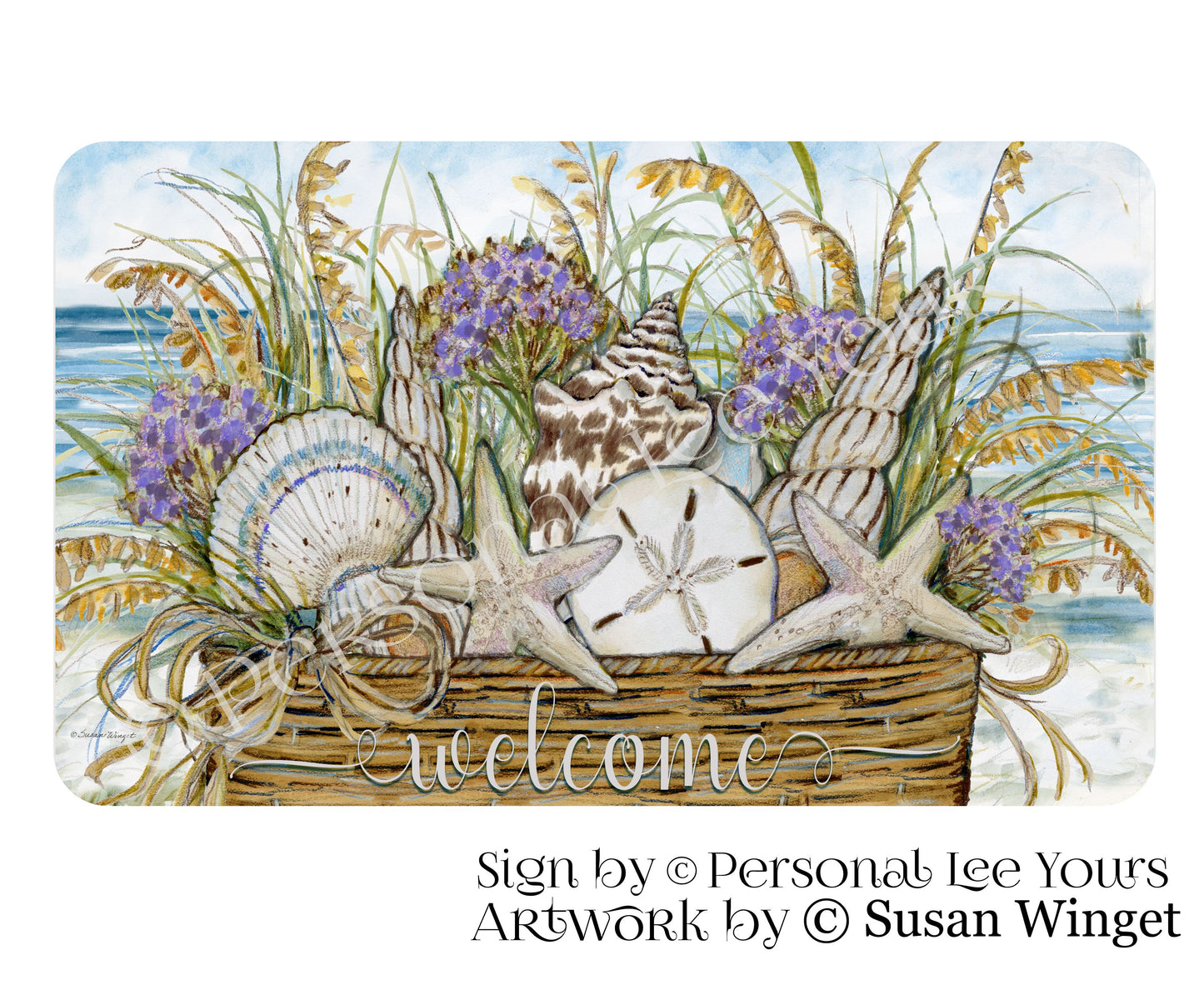 Susan Winget Exclusive Sign * Shell Basket Welcome * Horizontal * 3 Sizes * Lightweight Metal