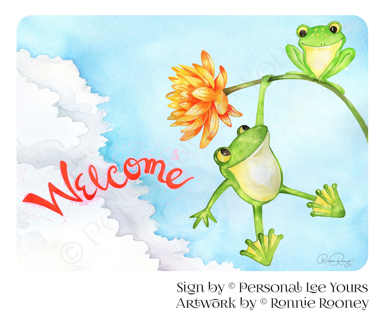 Ronnie Rooney Exclusive Sign * Swinging Frog Welcome * 2 Sizes * Lightweight Metal