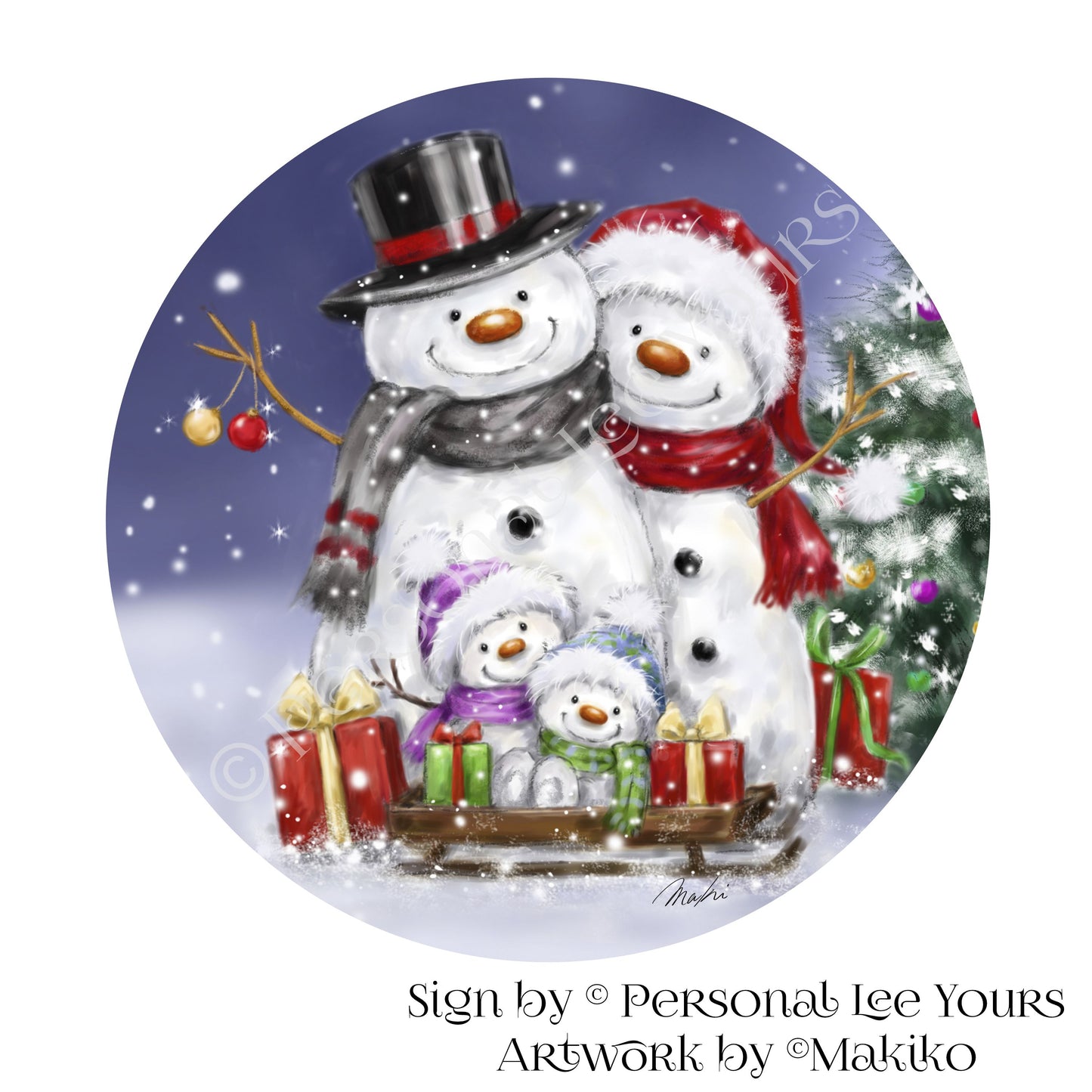 Makiko Exclusive Sign * Snowman Family * Round * Lightweight Metal