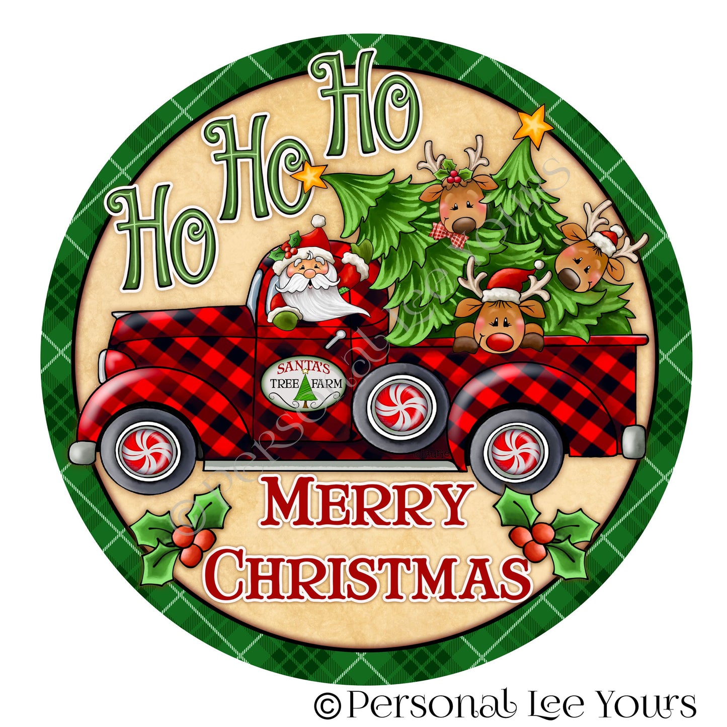 Holiday Wreath Sign * Merry Christmas * Santa * Ho Ho Ho * Plaid Truck * Round * Lightweight