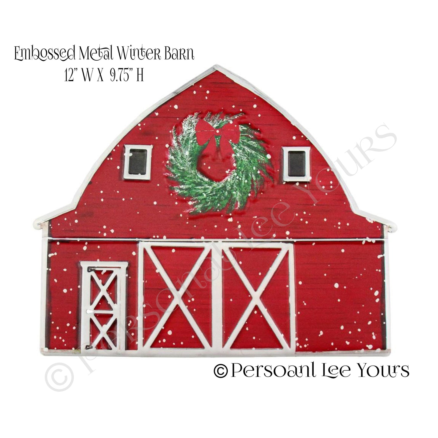 Wreath Accent * Red Winter Barn * Embossed Metal * 12" W  x 9.75" W * Lightweight